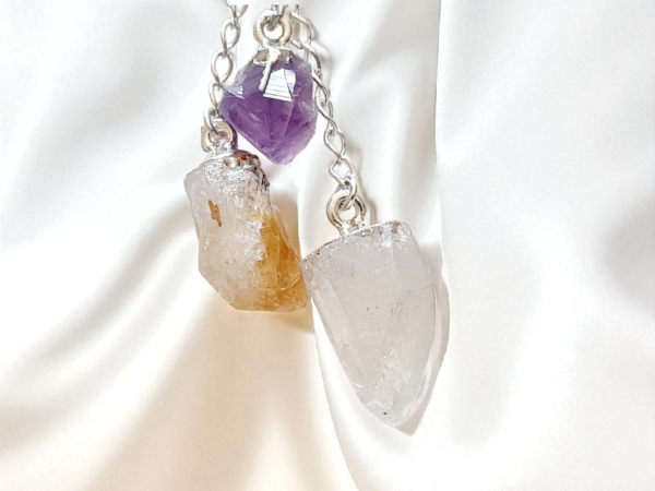pendentif 3 pointes améthyste cristal de roche et citrine